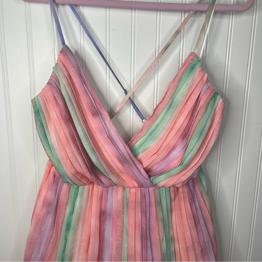 Luxxel Multicolor Striped Pastel wrap Flowy Festival Romper Chiffon Pleated - Picture 3 of 8